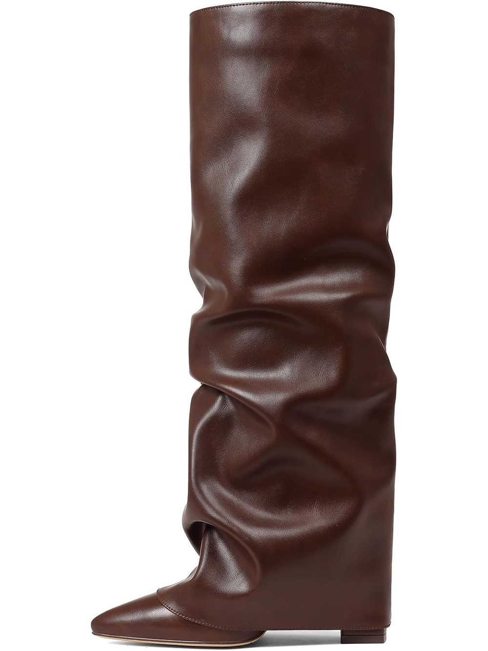 Women's Brown Fold Over Wide Calf Chunky Block Heel Comfort Shark Knee High Boot